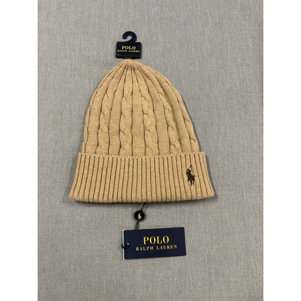 Polo Ralph Lauren Cuffed Cable Knit Cashmere Blend Beanie Caramel Brown O/S NWT